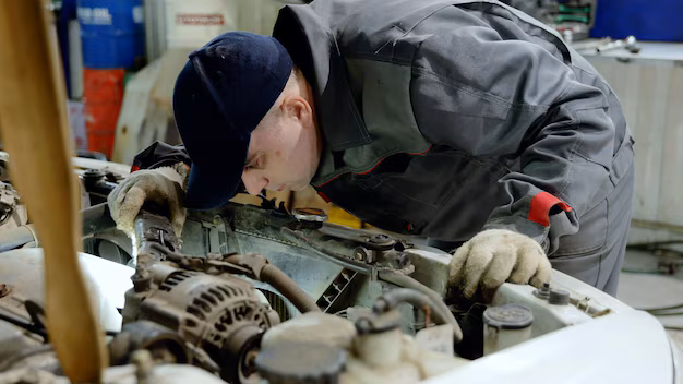 Mechanic performing engine inspection
